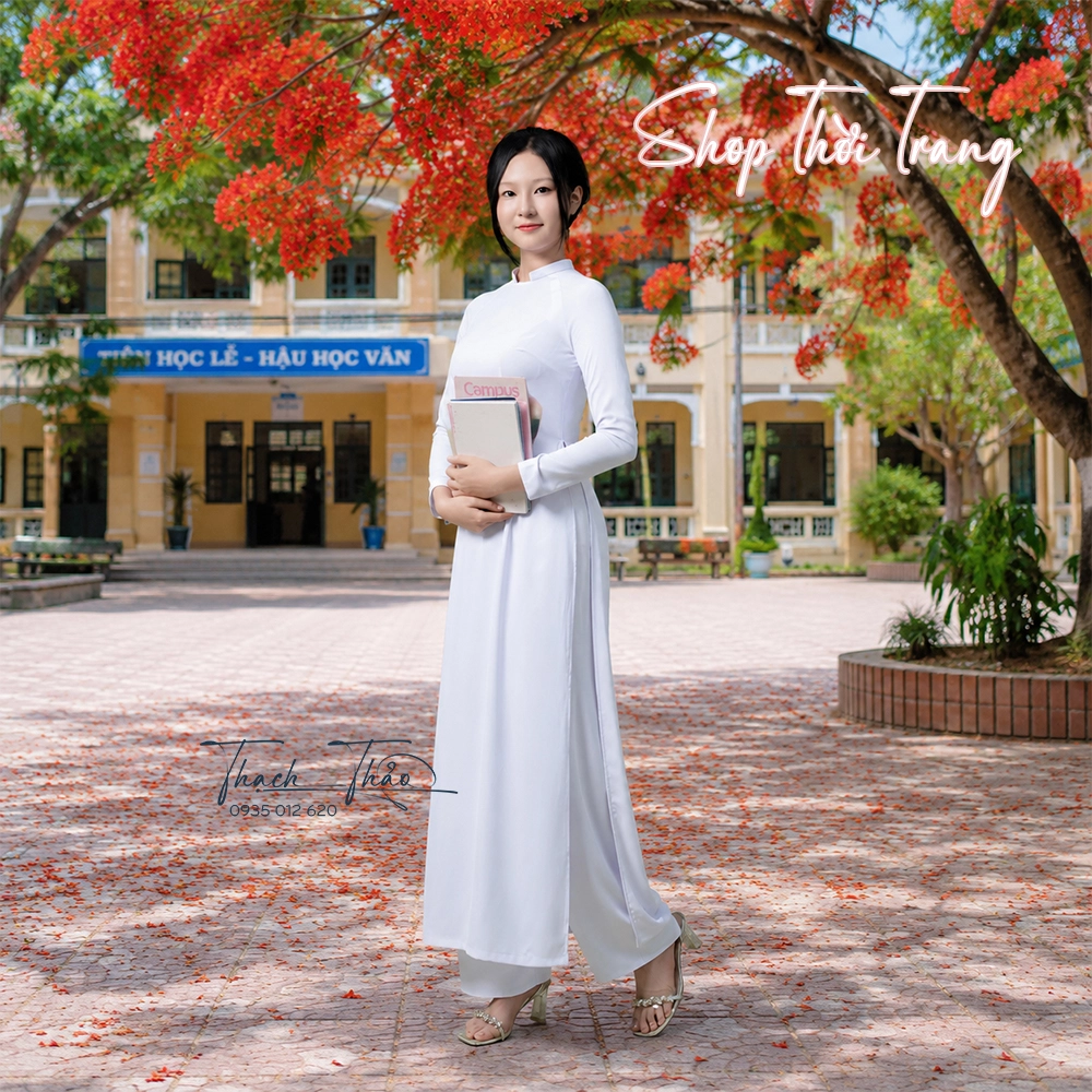 Áo dài trắng học sinh. Lụa mỹ 2 tà kiểu dáng truyền thống